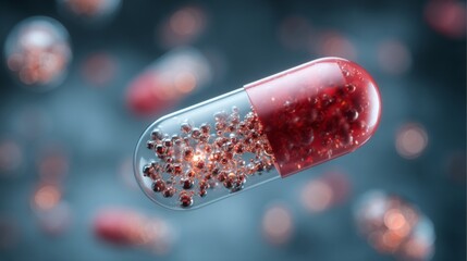 Futuristic medical pill containing microscopic particles, representing innovation in biotechnology and drug delivery systems