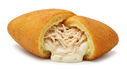 Golden Crispy Delight: Unveiling a delectable, deep-fried pastry filled with succulent chicken and a creamy, molten filling, a true gastronomic treasure. isolated on white background