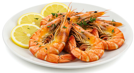 Succulent Shrimp Plate: A gourmet presentation of perfectly cooked, vibrantly colored shrimp, artfully arranged with fresh lemon slices on a pristine white plate. isolated on white background
