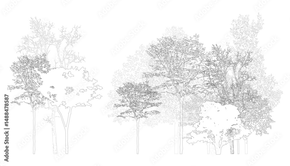 Aufkleber Architectural Drawings, Minimal style cad tree line drawing, Side view, set of section wetland forest outline for landscape design drawing. Vector illustration in seperate element