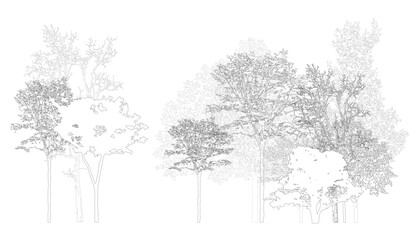 Fototapeta na wymiar Architectural Drawings, Minimal style cad tree line drawing, Side view, set of section wetland forest outline for landscape design drawing. Vector illustration in seperate element