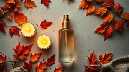 Autumn Glow Overhead View of Skincare Mist with Warm Candlelight