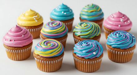 Cupcake Collection:  An assortment of cupcakes with bright and vibrant colors and textures, appealing to a wide range of tastes and preferences. isolated on white background