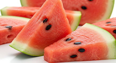 Watermelon Slices: Vivid and juicy slices of watermelon, showcasing its vibrant red flesh and refreshing appeal. isolated on white background