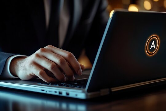 Businessman typing on laptop at night.