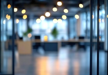 Modern Office Space with Blurred Lights and Glass Partitions