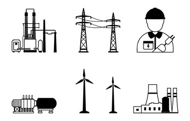 Minimalist black and white line icons showing various energy types: wind, nuclear, electric, fuel, oil and gas. Simple outline style, clean and isolated.