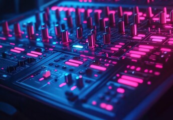 DJ Mixer with Adjustable Knobs and Buttons Illuminated in Neon Colors