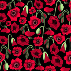 Red Poppy Floral Seamless Pattern on Black Background