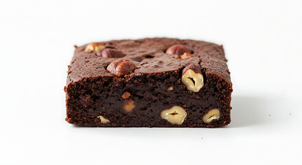 Chocolate Hazelnut Brownie: A close-up shot presents a delicious chocolate brownie, studded with hazelnut pieces. this dessert, a sweet treat isolated on white background