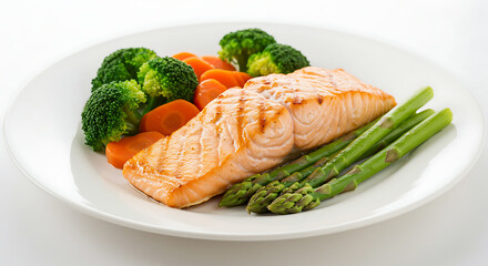 Salmon and Vegetables Delight: A plate of grilled salmon, vibrant broccoli florets, tender carrots, and fresh asparagus, a picture of healthy and delicious eating. isolated on white background
