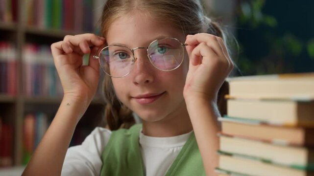 Smart successful excellent student Caucasian little girl child kid schoolgirl school pupil learner putting on eyeglasses eyewear glasses looking at camera preparing to exam learning books read indoor