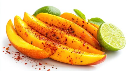 Sliced mango, sprinkled with chili flakes, and lime slices