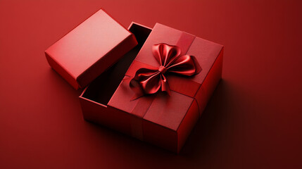 Top view of open red gift boxes and closed red present boxes with red ribbon bows, isolated on a dark red background with subtle shadows.