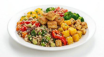 Delicious Tofu Bowl: A vibrant and healthy tofu bowl brimming with colorful vegetables, quinoa, and pan-fried tofu cubes. isolated on white background