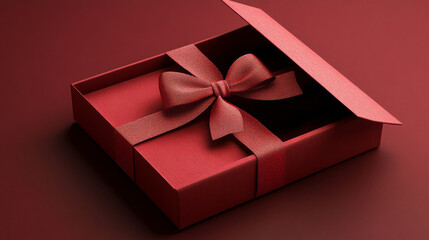 Top view of open red gift boxes and closed red present boxes with red ribbon bows, isolated on a dark red background with subtle shadows.