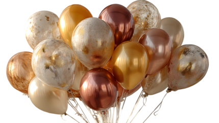 A cluster of metallic balloons in gold and copper, celebrating luxury and festivity, set against white --ar 16:9 --v 7.0 --s 750