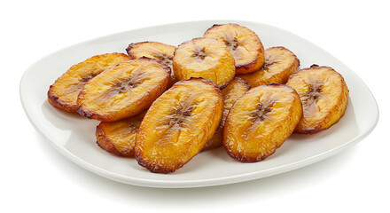 Golden Delight: Plantains Slices Displayed: Appetizing slices of plantains are presented on a pristine plate, embodying the simple pleasure of good food. isolated on white background