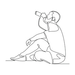 Continuous line drawing of sporty man drink energy water from bottle. One single sketch art concept of healthy life style. Vector illustration editable stroke