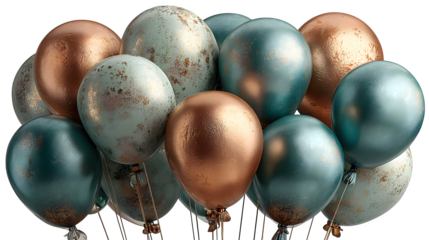 A cluster of metallic balloons in copper and teal, celebrating luxury and festivity, set against white --ar 16:9 --v 7.0 --s 750