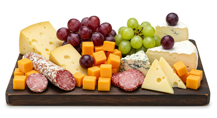 Cheese and Grape Variety: A mouthwatering selection of artisanal cheeses and fresh grapes, arranged on a wooden serving board, promising a delightful gourmet experience.  isolated on white background
