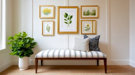 Fototapeta premium Elegant Gallery Wall of Gold-Edge Frames Showcasing Botanical Prints Above a Stylish Bench with Decorative Cushions