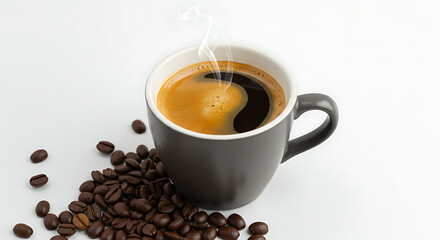 Aromatic Morning Brew: An inviting cup of freshly brewed coffee steams invitingly, surrounded by a scattering of rich, isolated on white background