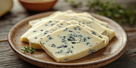Delicious slices of blue cheese arranged on a rustic plate with herbs on a wooden table