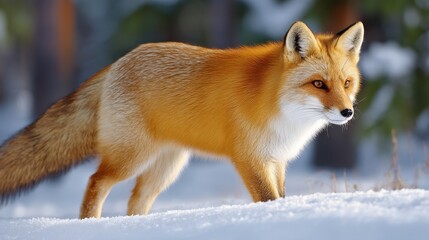 Obraz premium Majestic Fox Walking Silently Through Snowy Landscape with Tail Brushing Against Pristine Snow
