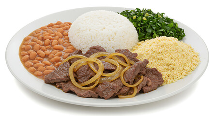 Brazilian Cuisine: A culinary composition featuring traditional components, with an appetizing presentation on a simple white plate, isolated on white background