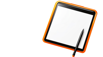 Orange tablet with stylus, white screen, blank display, cut out transparent