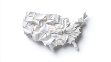 Crumpled Paper United States Map on White Background