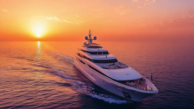Yacht at Sunset: A luxurious yacht glides through the glistening waters of a serene ocean, bathed in the radiant hues of a breathtaking sunset.  