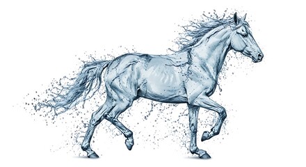 Dynamic and artistic representation of a horse captured mid-stride, seemingly sculpted entirely from clear, splashing water.
