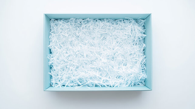 “Open blue cardboard gift box filled with shredded paper decorative fillers, placed on a white background. Flat lay, top view with ample empty space for product placement.”

