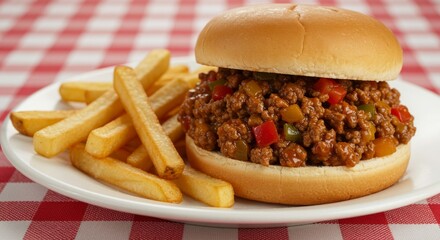 Sloppy Joe sandwich accompanied by golden french fries on a checkered tablecloth