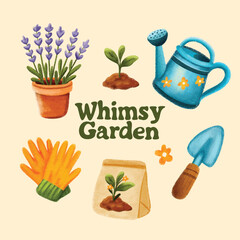 Watercolor Garden Tools Clipart Set – Whimsical Spring Gardening Illustration