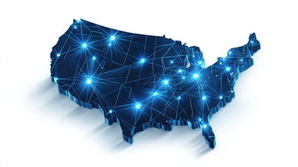 Three Dimensional United States Network Map with Glowing Blue Connections