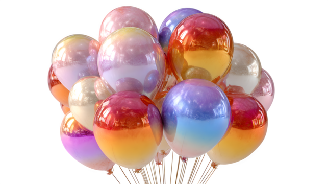 A cluster of metallic balloons in rainbow hues, celebrating joy and festivities, isolated on white --ar 16:9 --v 7.0 --s 750