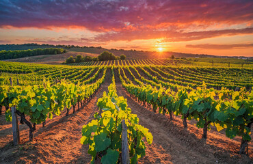 Golden Sunlight Bathes Vineyard Rows Beneath a Vibrant Sky