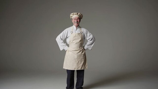 Boulanger souriant en tenue professionnelle sur fond neutre, portrait chaleureux et artisanal

