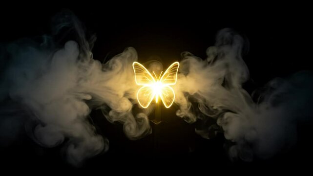 Glowing butterfly surrounded by smoke on a dark background