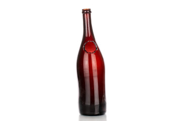 One glass wine bottle, close-up, isolated on a white background.
