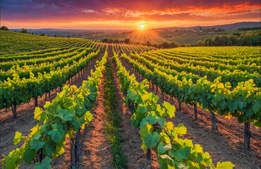 Sunlight Spills Over Rolling Vineyard Rows at Golden Hour