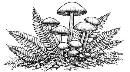 Hand Drawn Illustration of Mushrooms and Ferns