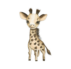 Cute watercolor giraffe illustration with playful expression and soft colors for children's decor