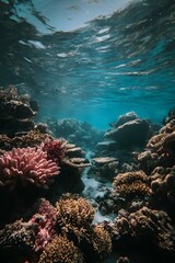 Obraz premium Underwater Coral Reef Scene with Colorful Coral and Crystal Clear Water