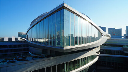 Obraz premium Futuristic Curved Glass Loop Building with Elevated Circular Skybridge and Reflective Facade Against Urban Skyline