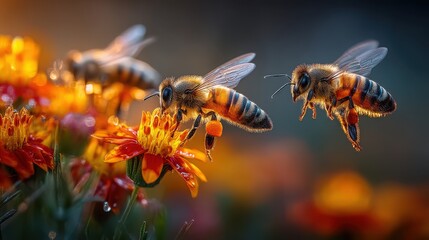 Fototapeta premium Dynamic Honeybee Colonies Pollinating Vibrant Wildflower Clusters Promoting Biodiversity and Environmental Sustainability in Natures Ecosystem