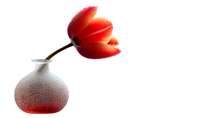A frosted glass vase holding a single red tulip, exuding elegance and simplicity, placed on white --ar 16:9 --v 7.0 --s 750